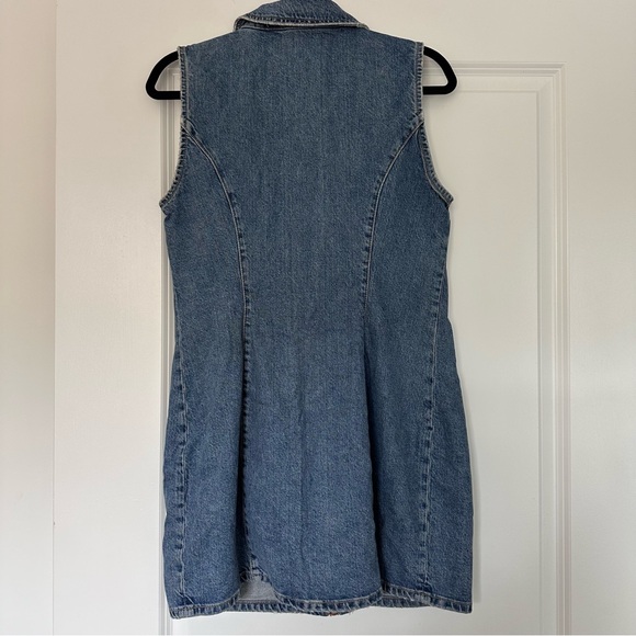 Zara (L) Blue Denim Jean Zip Up Mini Dress- Sleeveless, Collared, Cargo Pocket - Picture 9 of 10